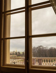 Window view of gloomy, cloudy St. Petersburg