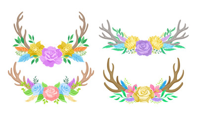 Deer Antlers Arranged with Showy Flower Buds and Tender Feathers Vector Set