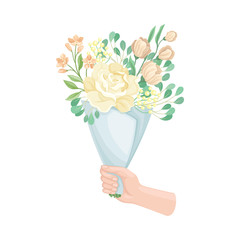 Hand Holding Bunch of Flowers Wrapped in Craft Paper Vector Illustration