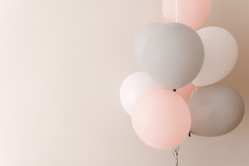 Beautiful pastel background with pink  balloons in light background.  Concept of happiness, Love, wedding. Holiday Web Banner With Copy Space.