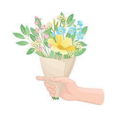 Bouquet of Blossoming Flowers in Craft Paper Wrapping Clutched in Hand Vector Illustration
