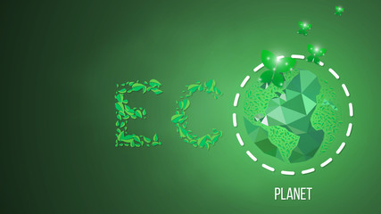 Earth ecology. Green planet poster template, eco Terra concept. Abstract polygonal image on blue neon background. Low poly, wireframe digital 3d Raster illustration