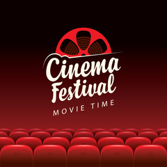 Vector banner for retro cinema festival with calligraphic inscription and film strip reel. Cinema hall with big screen and red seats. Empty movie theatre. Poster design for concert, theater, event - obrazy, fototapety, plakaty
