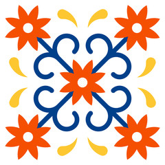 Mexican talavera tile pattern. Ornament in traditional style from Puebla on white background. Floral ceramic composition with flower, dot and leaves. Folk art design from Mexico. - 327504082