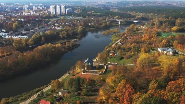 Grodno, Belarus. Aerial Bird's-eye View Of Hrodna Cityscape Skyline. Kalozha Church In Sunny Autumn Day. Church of Sts. Boris and Gleb.