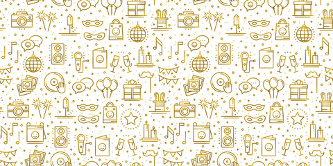Birthday party seamless pattern in gold. Party decor elements: birthday cake, gift, confetti. Festive, event, entertainment, fun, carnival theme. Golden texture. Vector illustration. Line background.