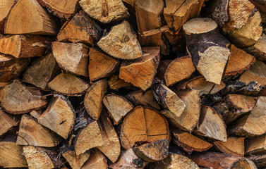 Pile of chopped fire wood prepared for winter