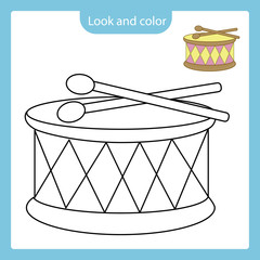 Coloring page outline of drum and sticks toy with example.