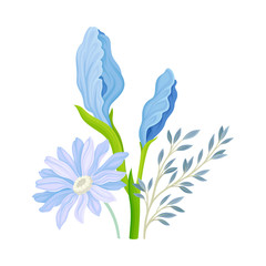 Floral Composition with Iris Flower on Green Erect Stem Vector Illustration