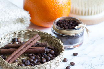 Set for anti cellulite cosmetics  peeling massage coffee beans  cinnamon and tools