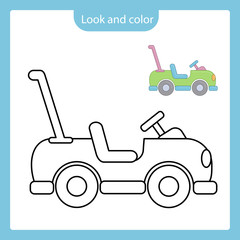 Coloring page outline of car toy with example.