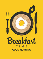 Vector banner with inscription Breakfast time. Flat illustration with appetizing pasta, fried eggs Sunny side up in a black frying pan with fork and knife in retro style. Morning banner or menu