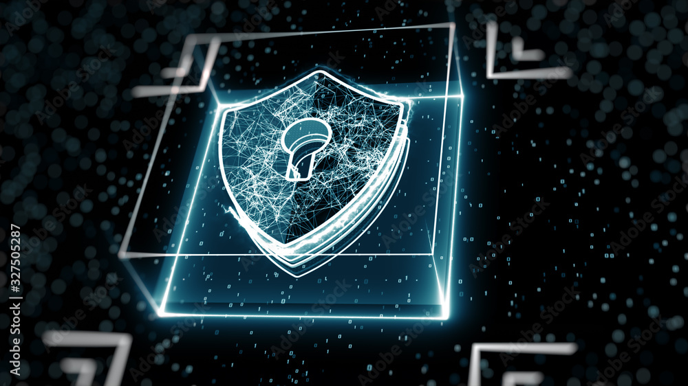 Poster abstract cyber security concept. shield with keyhole icon on digital data background. illustrates cy