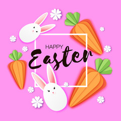 Cute White Easter bunnies and carrots. Happy Easter in paper cut style. Spring pink. Frame for text.