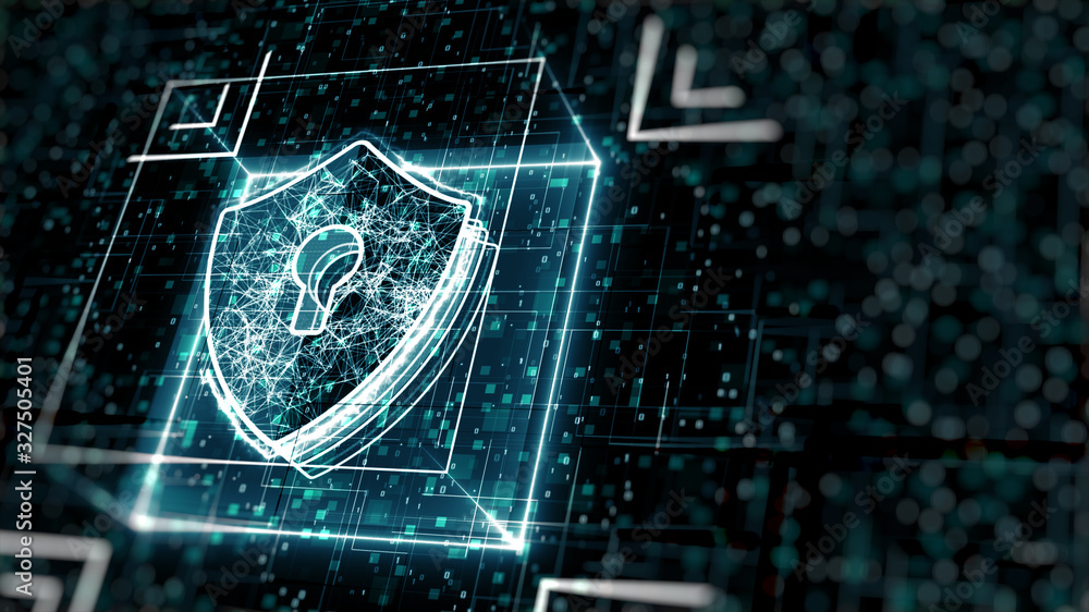Poster abstract cyber security concept. shield with keyhole icon on digital data background. illustrates cy