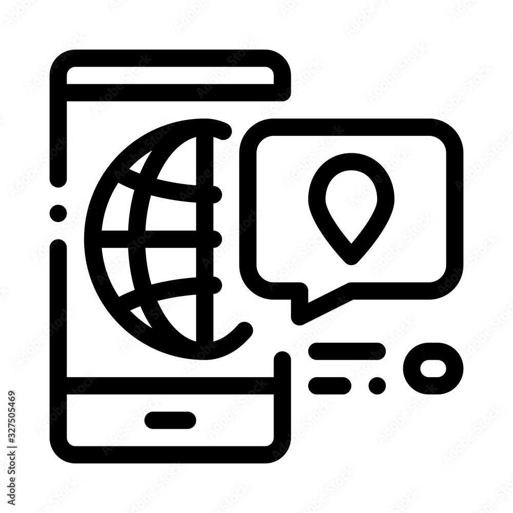 Poster smartphone world gps map icon thin line vector. phone application with electronic map, quote frame w