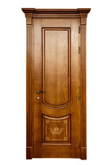 brown classic wooden door isolated on white background. The doors are decorated with classic...