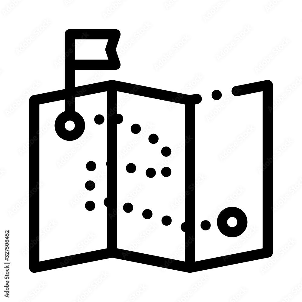 Poster map direction topography icon thin line vector. paper map with point and push pin in flag form conce