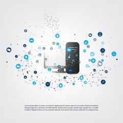 Abstract Modern Minimal Style Cloud Computing, Networks, IoT, Mobility and Telecommunications Concept Design with Icons and PC or Server Computer - Vector Illustration