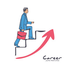 Businessman is climbing career ladder. Concept development. Vector illustration sketch design. Isolated on background. Step by step. Human in a suit with a briefcase runs down stairs.