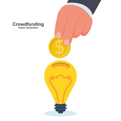 Crowdfunding concept. Business model funding project. Crowd funding. Teamwork. Businessman put money coins common idea. Vector illustration flat design. Isolated on background.