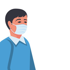 Young man in a medical mask. Face mask icon. Close up portrait of man in protective respiratory mask. Vector illustration flat design. Isolated on white background.