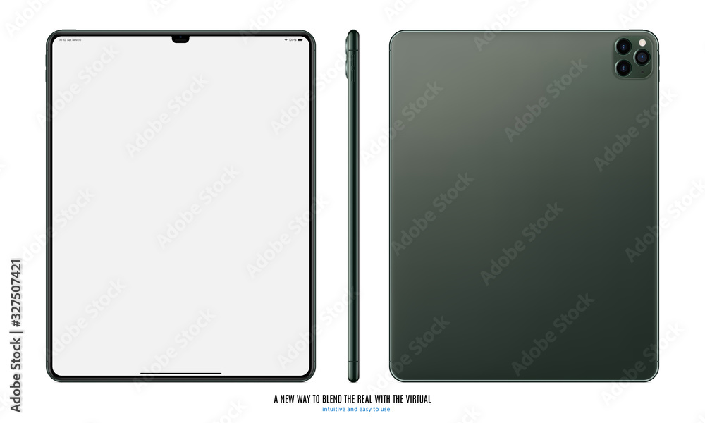 Poster tablet green color with blank touch screen front, back and side view with shadow isolated on white b