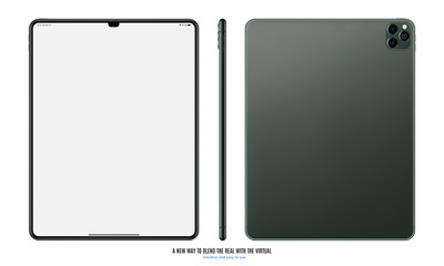 tablet green color with blank touch screen front, back and side view with shadow isolated on white background. realistic and detailed mockup. stock vector illustration
