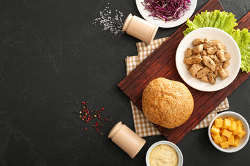 Ingredients for tasty doner kebab on dark background