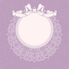 Vintage background with lace frame and ribbon for greeting card, invitation or announcement