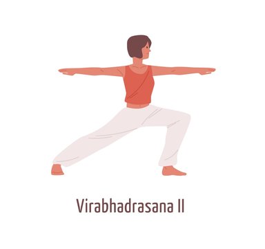 Active cartoon woman practicing virabhadrasana II position isolated on white. Yogi female exercising Hatha yoga Warrior Pose vector flat illustration. Girl performing gymnastics fitness workout