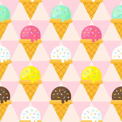 Ice cream cones seamless pattern. Cute summer background with sweet dessert and geometric backdrop.