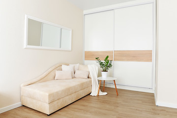 Bright room with a cozy sofa. A minimum of things, a bright interior.