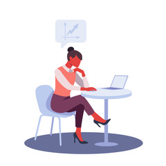 Businesswoman using laptop at office desk. Colorful flat design vector illustration. Woman sitting at table and working on notebook computer