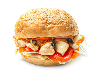 Tasty doner kebab in bun on white background