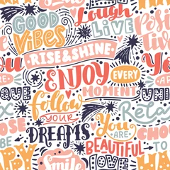 Wall murals Positive Typography Lettering seamless pattern positive words. Sweet cute inspiration typography. For textile, wrapping paper, hand drawn style backgrounds