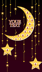 Holiday card with moon, stars and fireflies