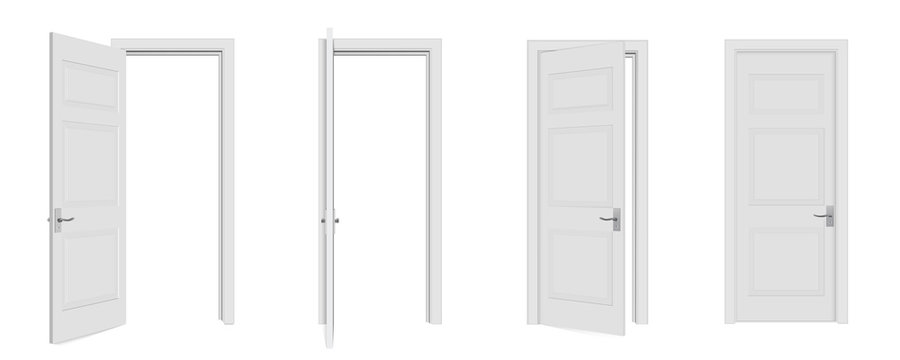 Creative vector illustration of open, closed door, entrance realistic doorway isolated on white background. Art design white doors template. Abstract concept graphic open, close house element