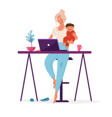 A modern woman holds a child in her arms and works at a computer. Concept illustration about choosing a career or family, distant work, career, freelance. Flat cartoon illustration isolated on white