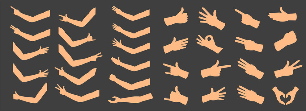 Creative vector illustration of gesturing hands, arm, finger sign set isolated on background. Art design counting gestures, arm handshake template. Female and male hands. Abstract concept emotions