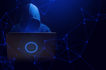 hacker man terrorist with virus computer attack to server network system online in data internet...