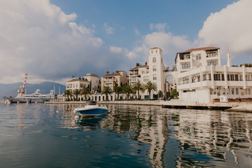 Naklejka premium 9 Nov 2018 Beautiful sea promenade in Tivat, Montenegro. Kotor bay, Adriatic sea. Famous travel destination. - Image