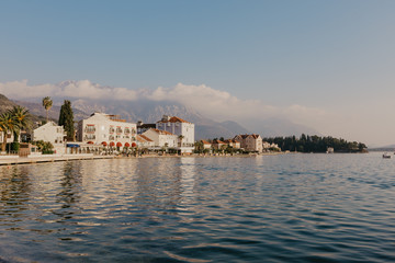 Obraz premium 9 Nov 2018 Beautiful sea promenade in Tivat, Montenegro. Kotor bay, Adriatic sea. Famous travel destination. - Image