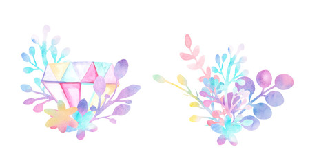 Watercolour floral illustration set with crystals.Flower bouquets  collection - perfect for flower bouquets, wreaths, arrangements, wedding invitations, anniversary, birthday, postcards, greetings.