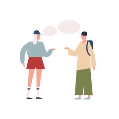 Teenage female and hipster male backpacker talking with speech bubbles vector flat illustration. Cartoon characters discussing together isolated on white. People enjoying communication