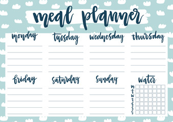 Cute A4 template for weekly and daily meal planner with lettering on pastel background with clouds. Organizer and water check list. Trendy self-organization concept for 2020 year with doodles.