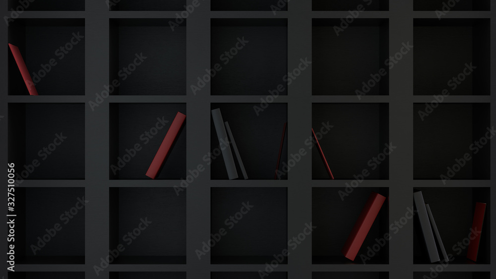 Poster 3d render of the black bookshelf with red and black books.