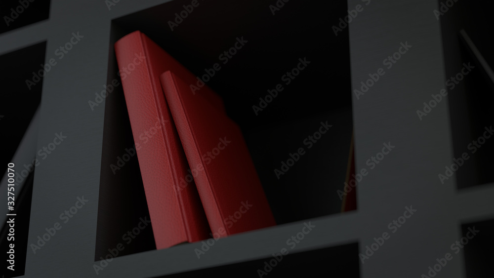 Poster 3d render of the black bookshelf with red and black books.
