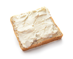 Fresh bread with tasty cream cheese on white background