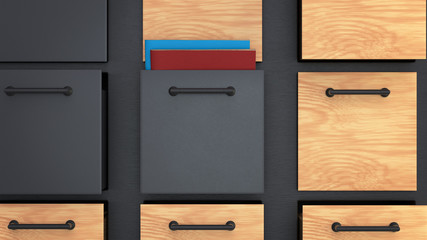 3d render of the black wood shelf with colorful drawers and documents inside with the depth of field.